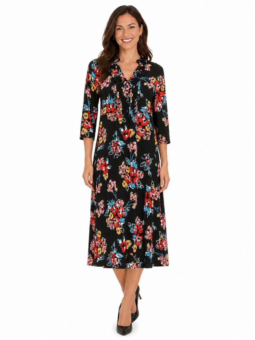 Boden Espresso Brown Floral Ruffle Neck Midi Dress